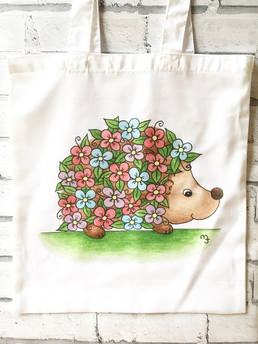 Floral Hedgehog Tote Bag - Eco Friendly Tote Bag - Shopping Bag - Craft Bag