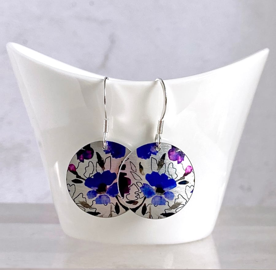 Purple drop earrings, floral discs dangle on sterling silver ear wires (340)