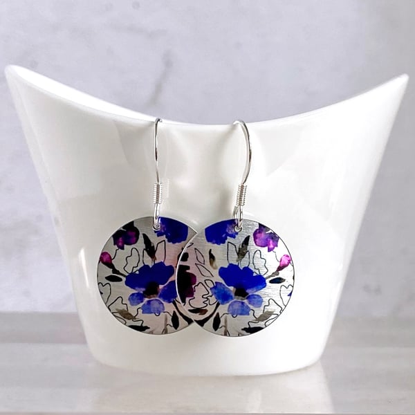 Purple drop earrings, floral discs dangle on sterling silver ear wires E19-340