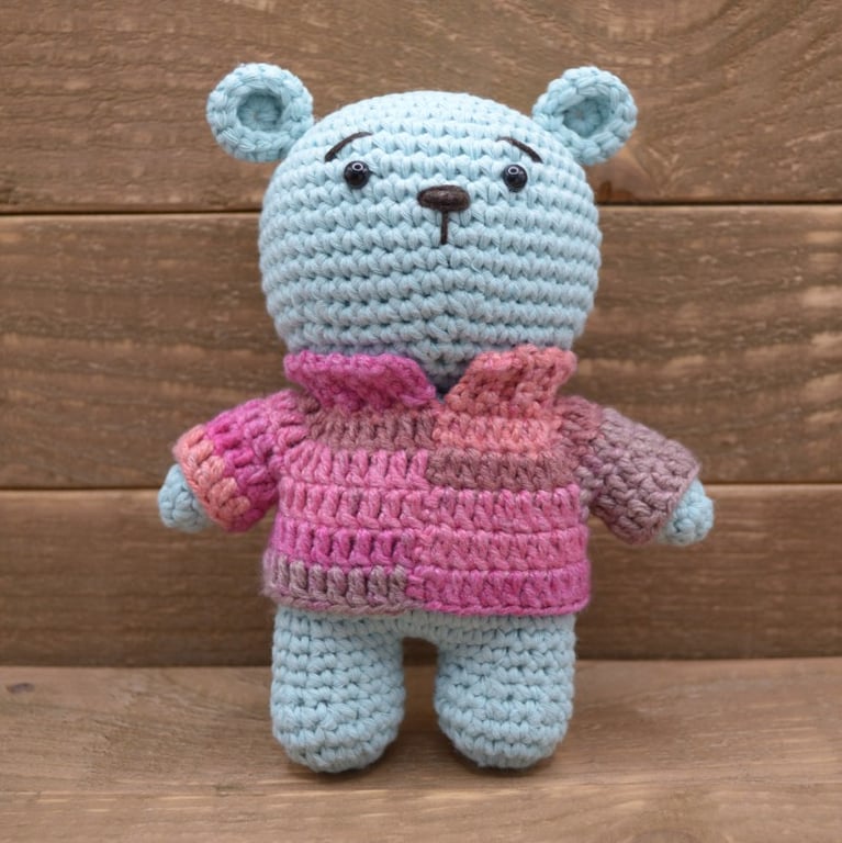 Mint Blue Crocheted Bear in Custom Jumper, Handmade Keepsake Teddy