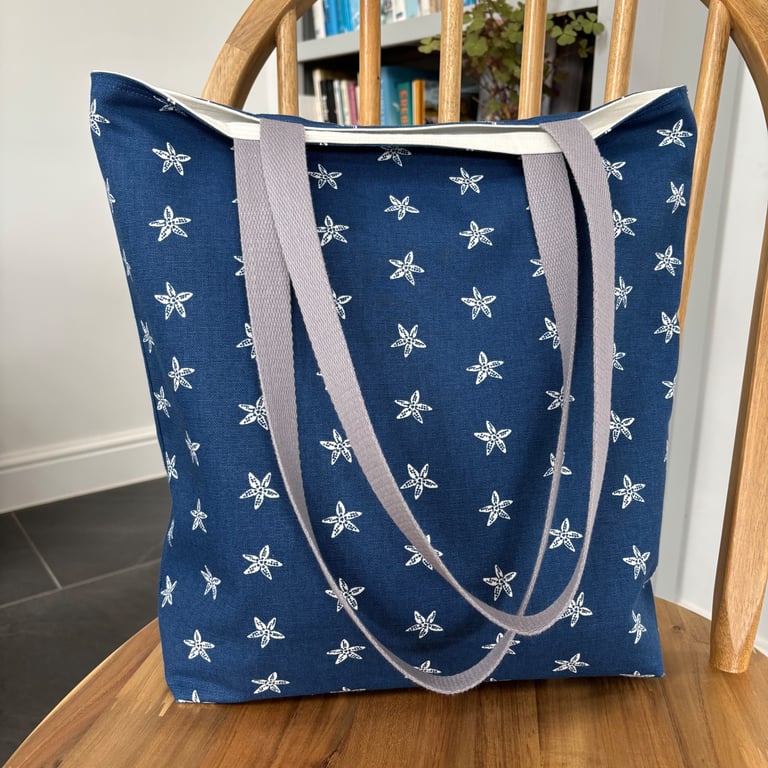Long handle tote bag, shopping bag, navy cotton with cream starfish print