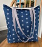 Long handle tote bag, shopping bag, navy cotton with cream starfish print