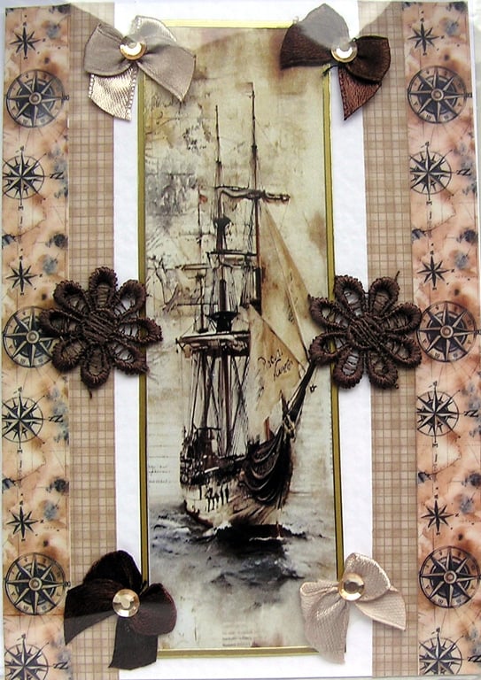 Pirate Ship - Hand Crafted Decoupage Greeting Card - Blank - 3303