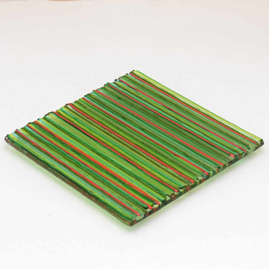 Green and red fused glass coaster
