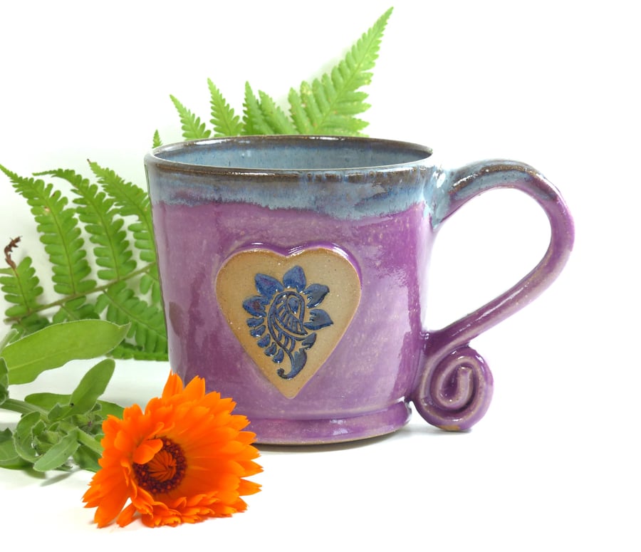 Heart Berry Mug with Exotic Flower -  Ceramic Pottery Stoneware UK