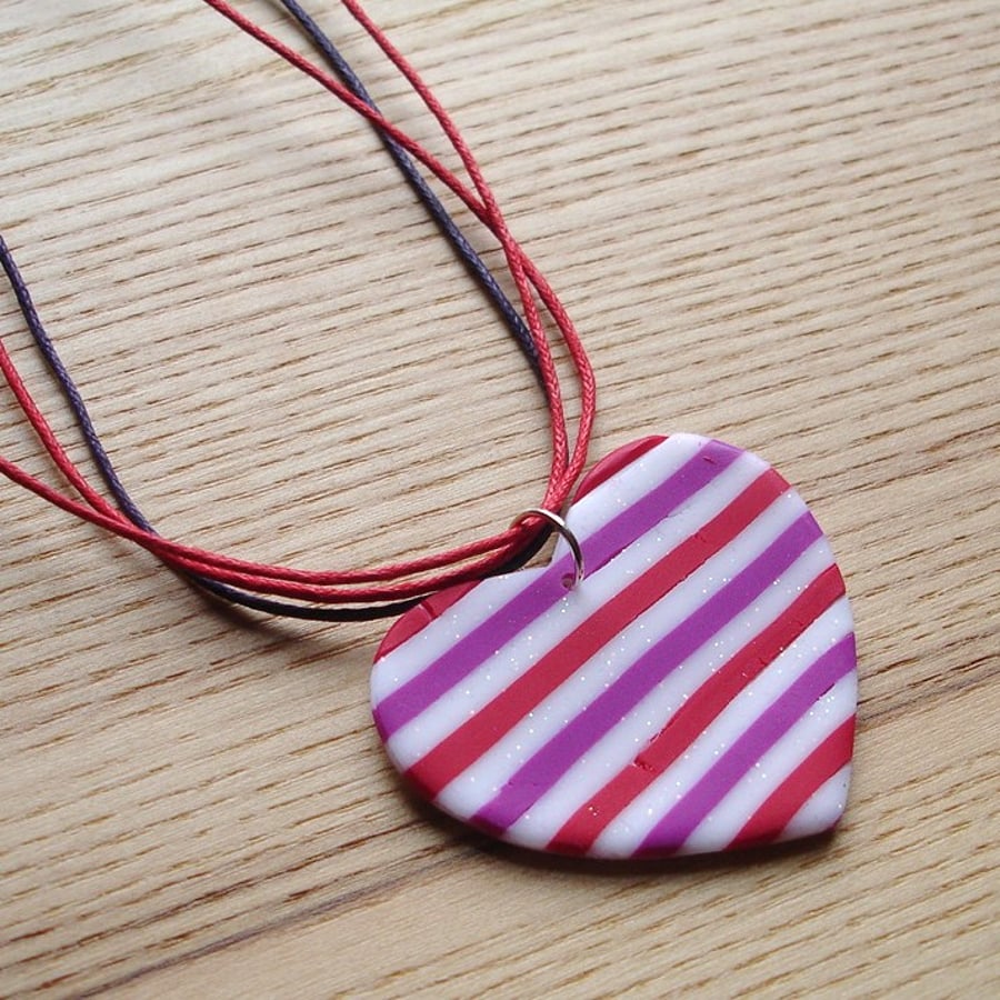 Raspberry Stripe Heart FIMO Polymer Clay Pendant Folksy