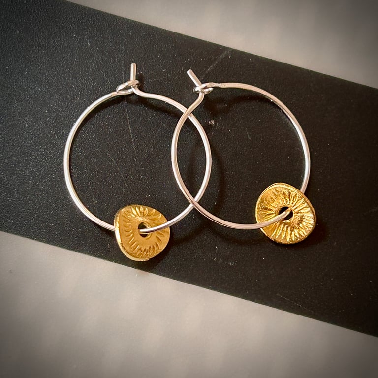 Silver Plated Hoop Earrings with Gold Disc Bead