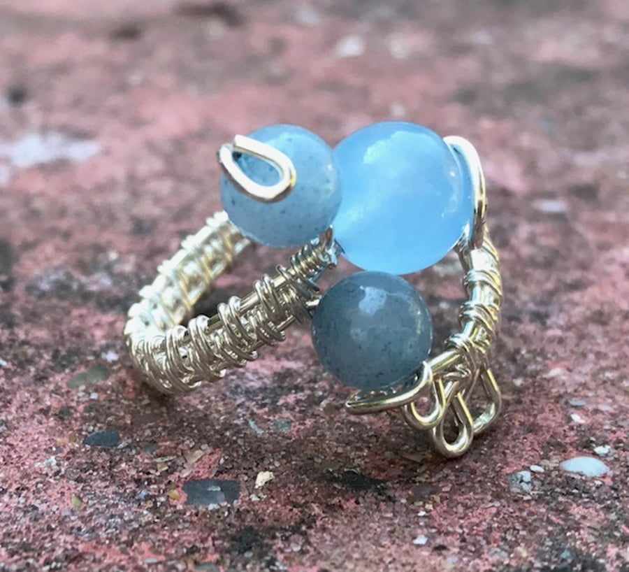 Larimar Jade Ring, Adjustable Silver Plated Copper Wire Ring