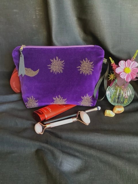 Purple Sun and Moon velvet makeup bag