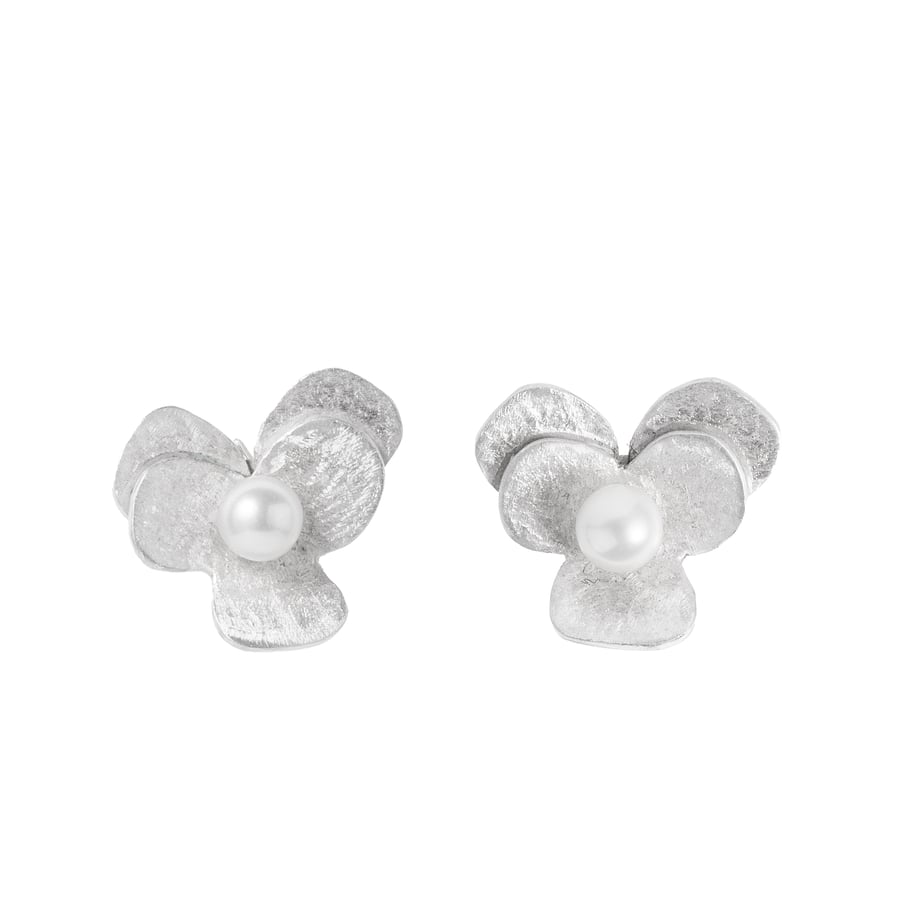 Sterling Silver Pansy Earrings. Handmade Freshwater Cultured White Pearl