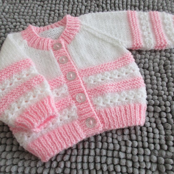 14" White & Pink Newborn Girls Round Neck Cardigan 