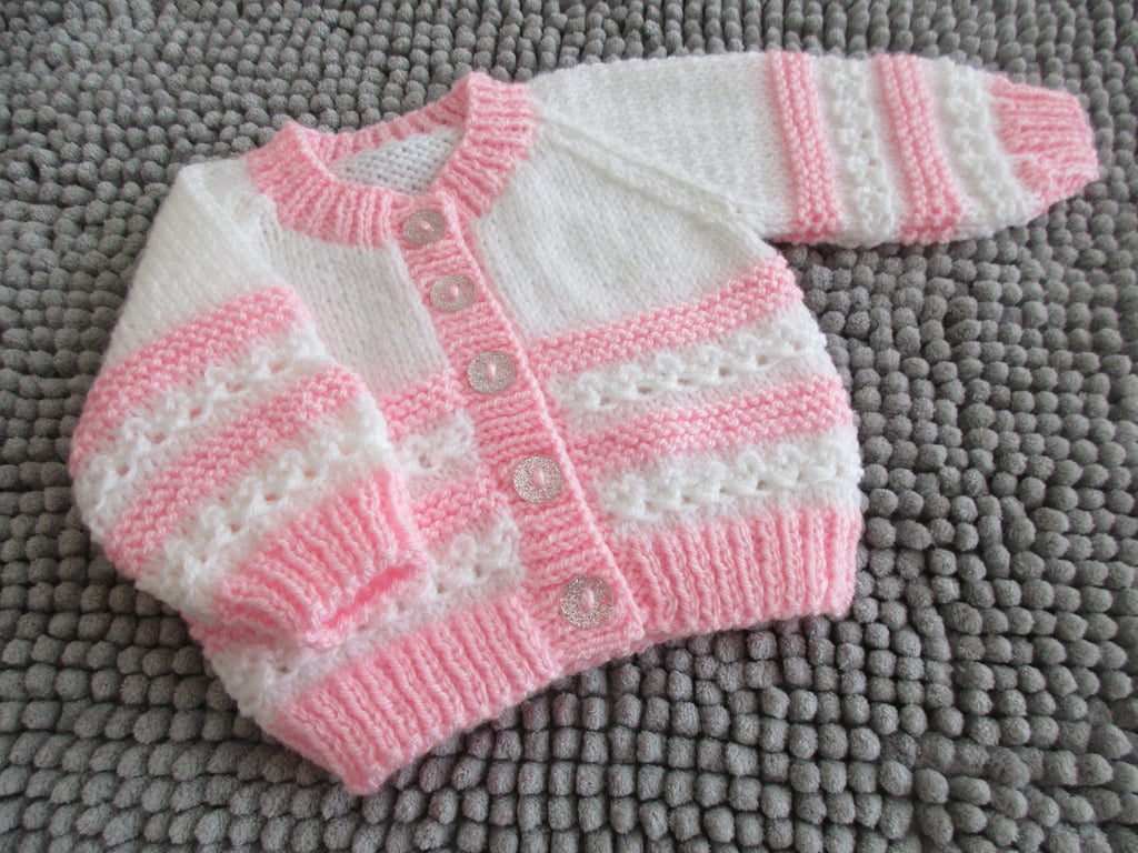 14" White & Pink Newborn Girls Round Neck Cardigan 