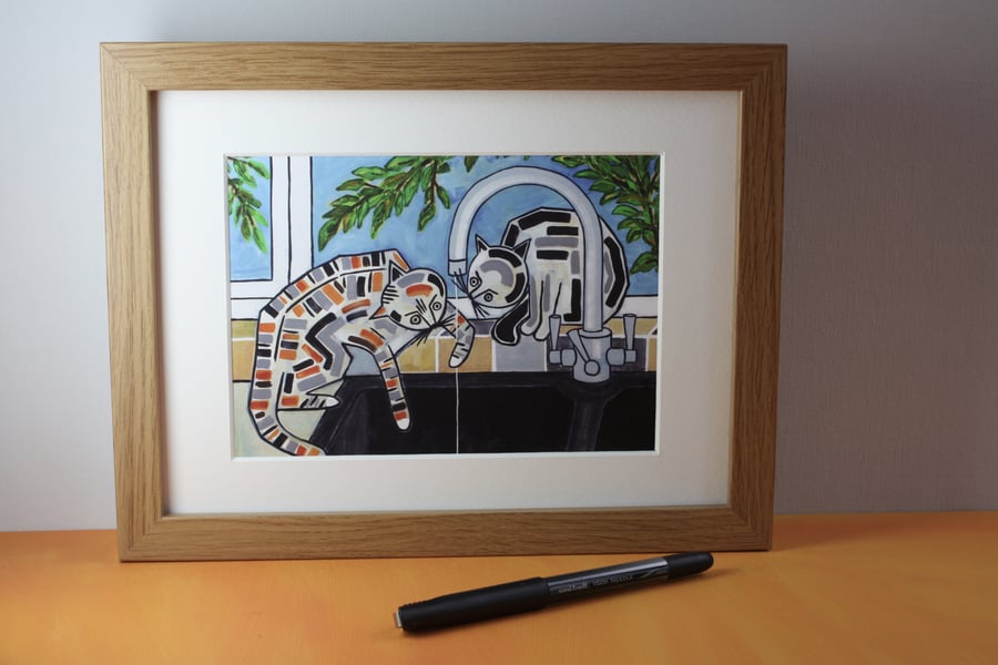 CATS AT THE TAP-FRAMED GICLEE PRINT