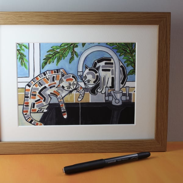 CATS AT THE TAP-FRAMED GICLEE PRINT