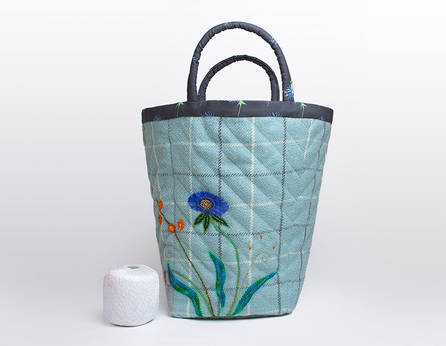 Big aqua checked project bag with Susie embroidery