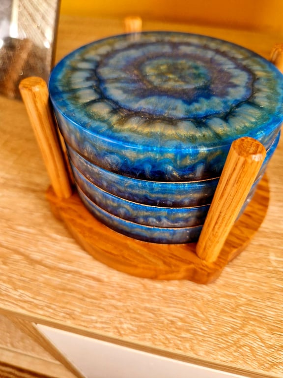 Set of 4 handmade Resin Coasters with Real Oak holder