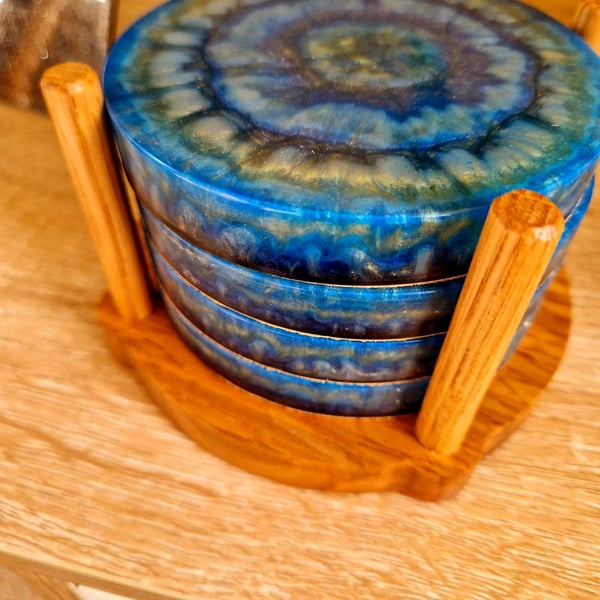 Set of 4 handmade Resin Coasters with Real Oak holder