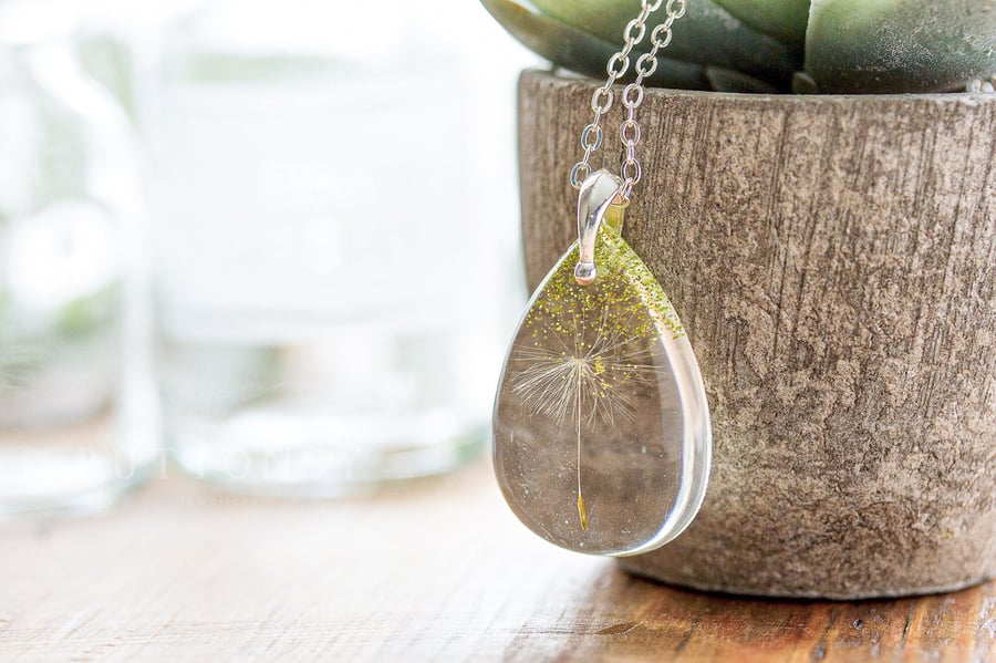 Dandelion Necklace Single Wish and Glitter Lime Green Real Dandelion Dandelion S
