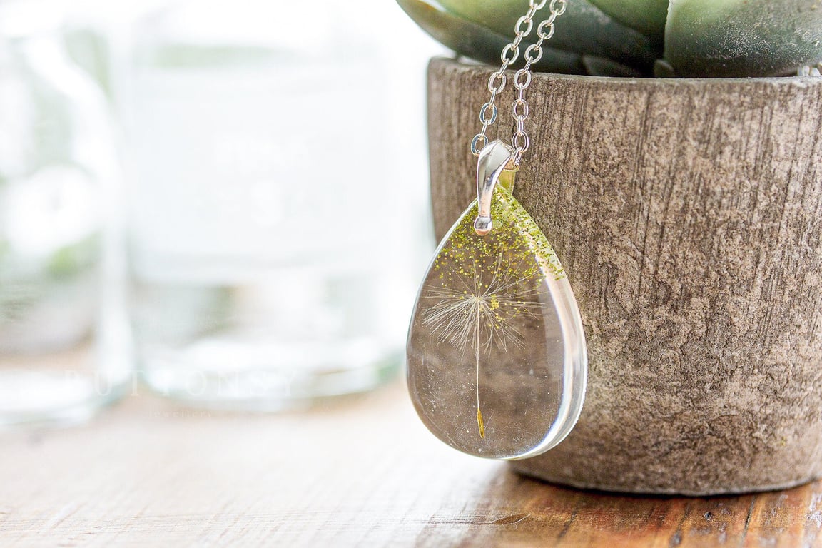 Dandelion Necklace Single Wish and Glitter Lime Green Real Dandelion Dandelion S
