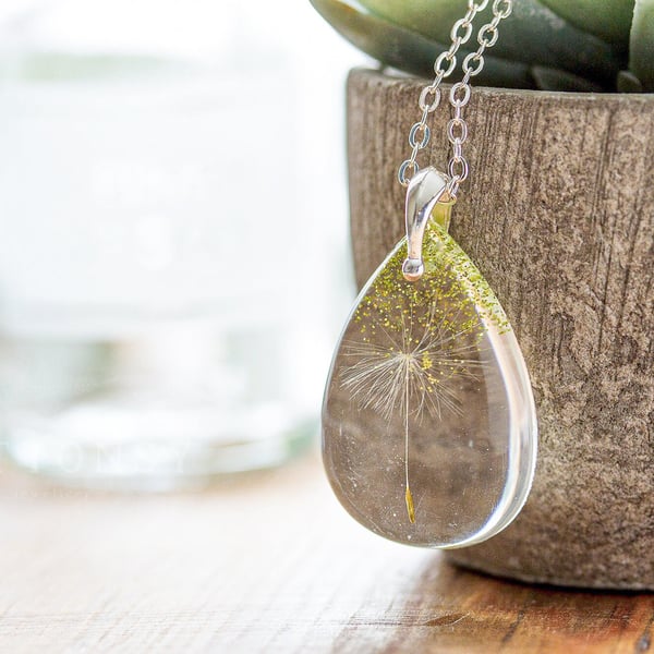 Dandelion Necklace Single Wish and Glitter Lime Green Real Dandelion Dandelion S