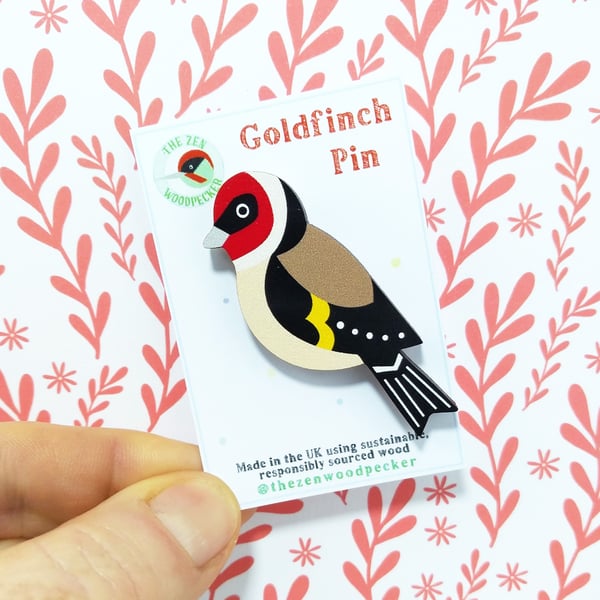 Goldfinch Pin Badge, Wooden Bird Brooch, Garden Birds, British Birds
