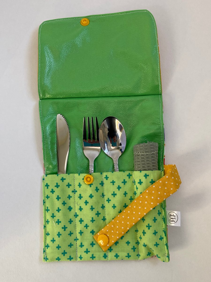 Travel cutlery roll with cutlery - bird pattern