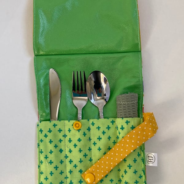 Travel cutlery roll with cutlery - bird pattern