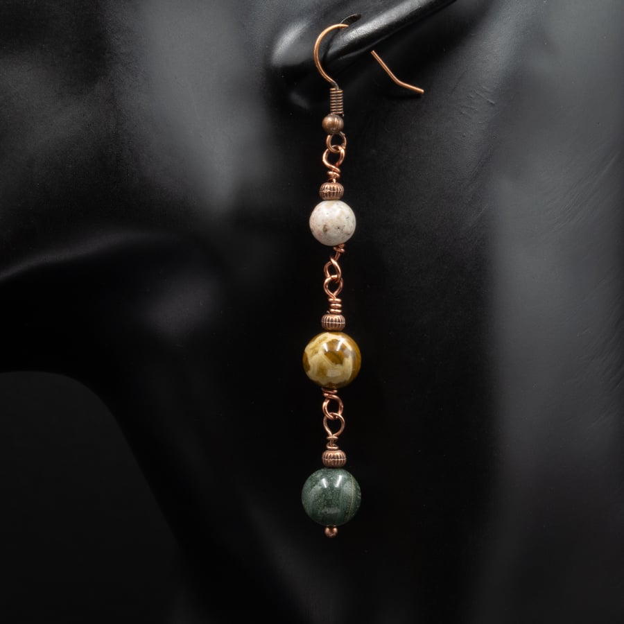 Ocean agate triple drop gemstone earrings, agate copper earrings.