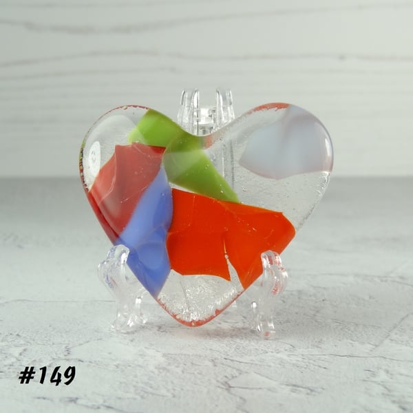 Multicoloured fused glass heart pocket hug with stand 5x4.5cm (149)