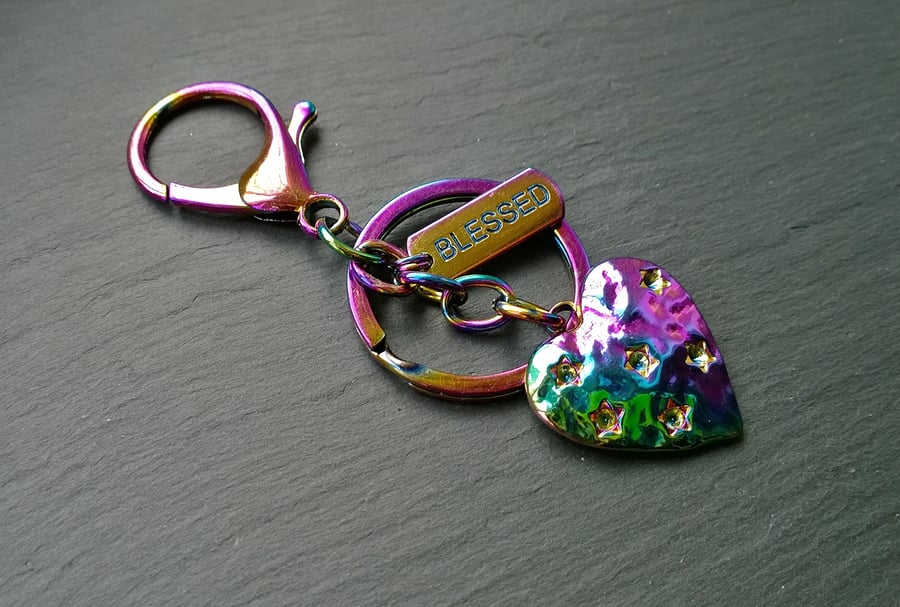 Love Heart Blessed Rainbow Plated Keyring for men women (16)