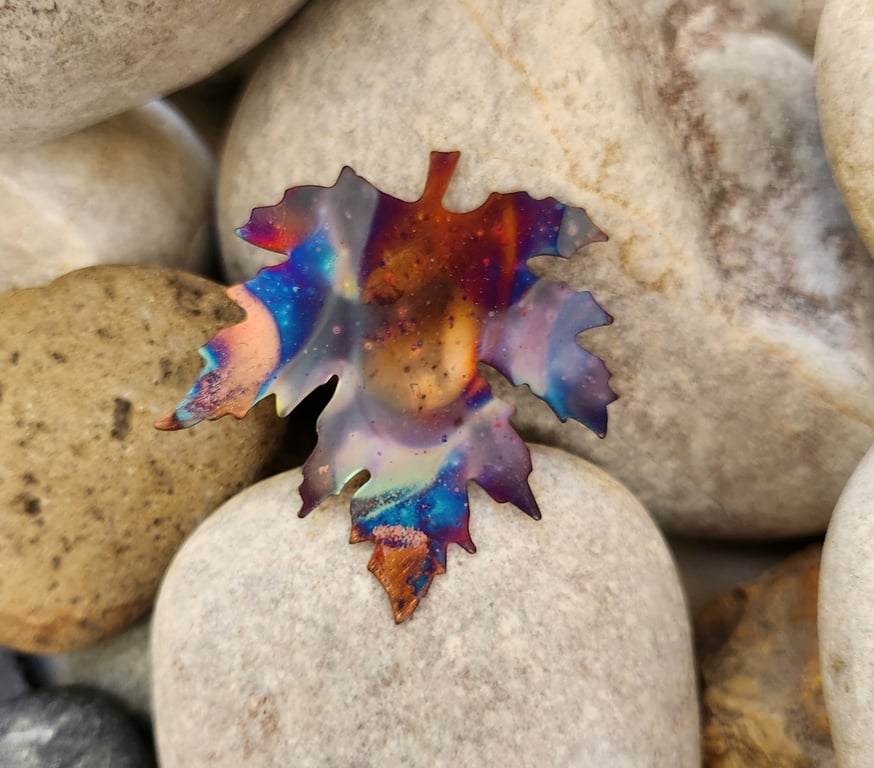 Flame painted copper leaf brooch