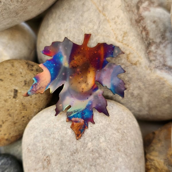 Flame painted copper leaf brooch