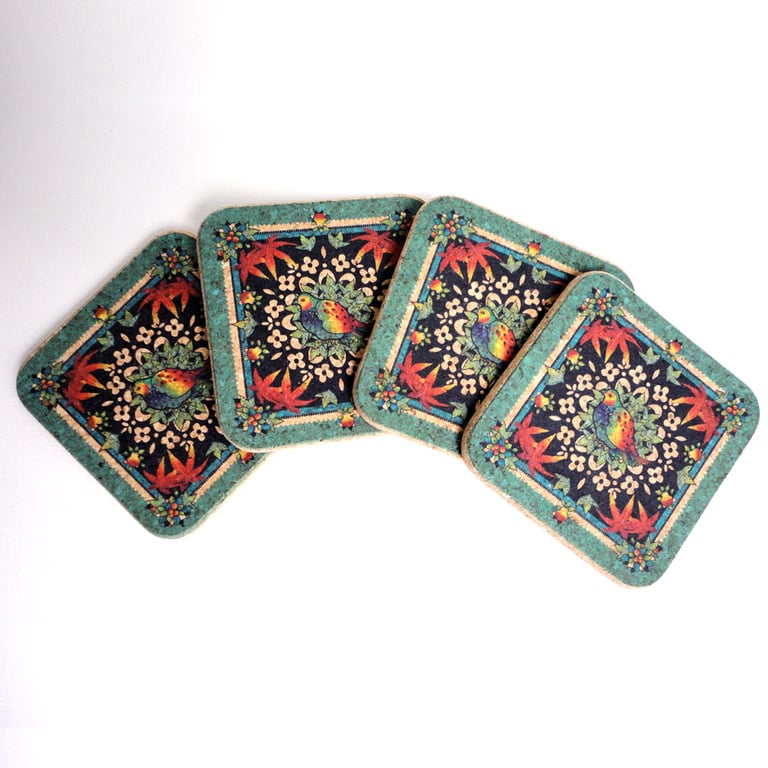 Four Festive Turquoise Partridge Coasters