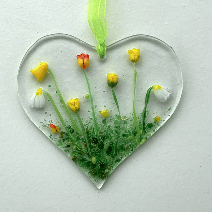 Fused glass floral heart suncatcher hanging decoration