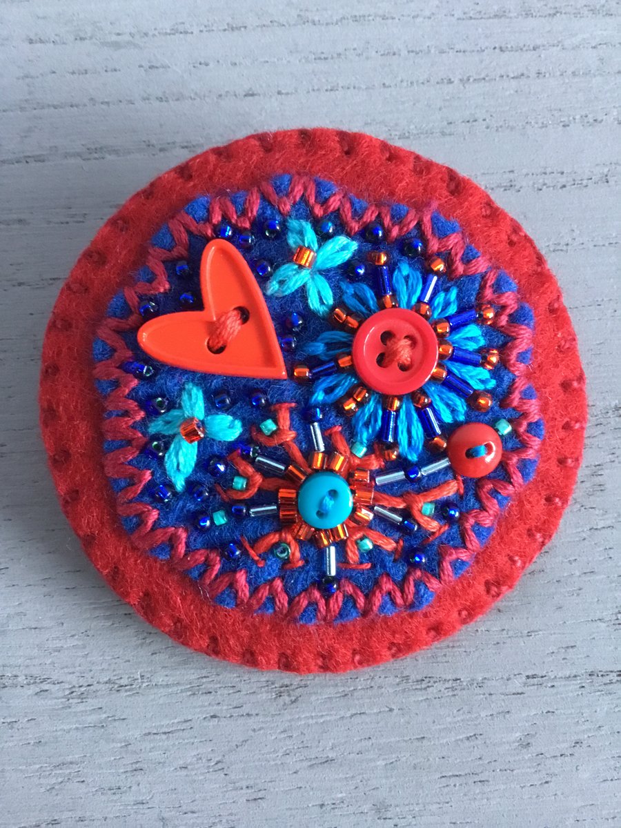 Hand Embroidered Button Heart Brooch