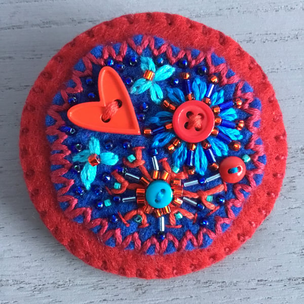 Hand Embroidered Button Heart Brooch