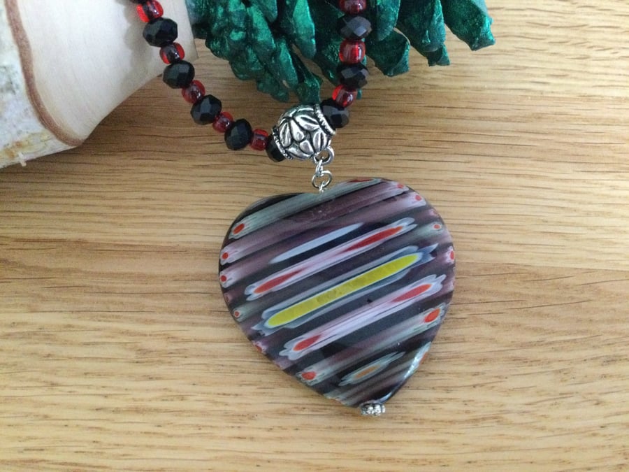 Black, Red, Yellow and White Striped Murano Style Glass Heart Necklace