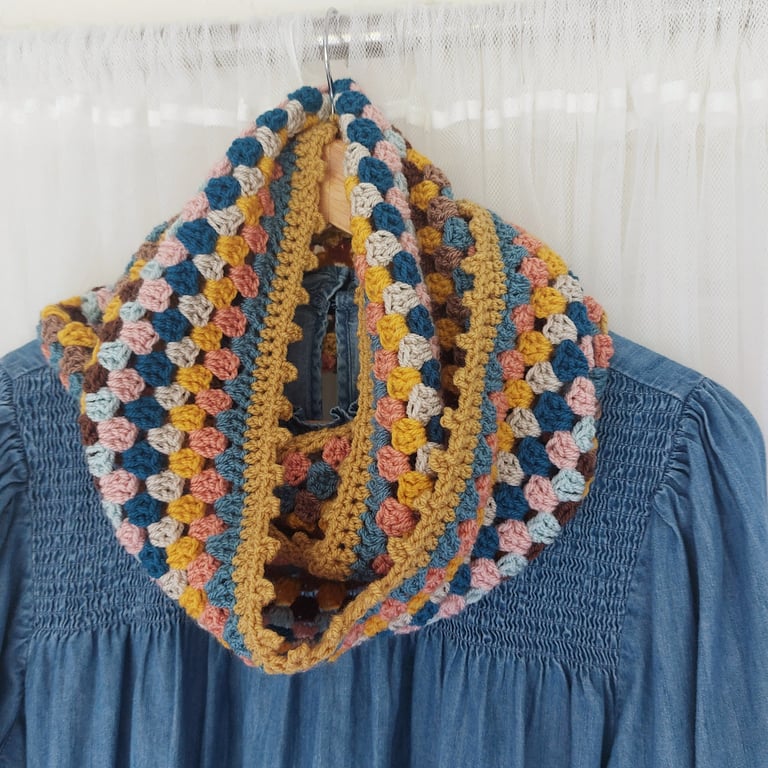  Crochet Infinity Scarf Caramel Toffee Trim 'Happy Scrappy'