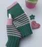 Pink and Green Stripe Fingerless Wool Knit Gloves, Handmade Wrist Warmers - Image 5