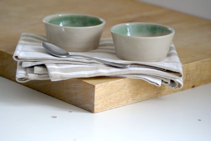 Handmade Stoneware Tapas Bowls: Green Swirl, Geometric V Shape, Set of 2