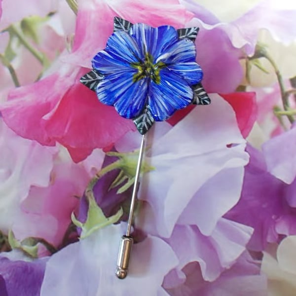 BLUE ALPINE FLOWER PIN Blue Wedding Lapel Flower Brooch HANDMADE HAND PAINTED