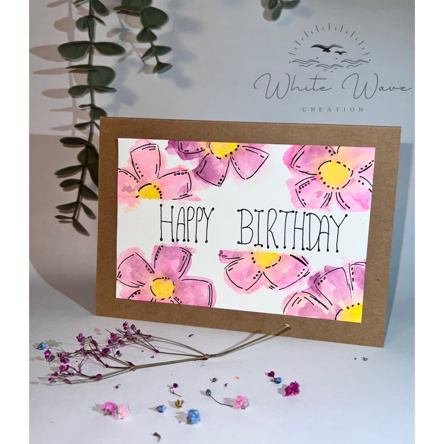 Hand painted water colour floral pink ‘happy birthday’ card