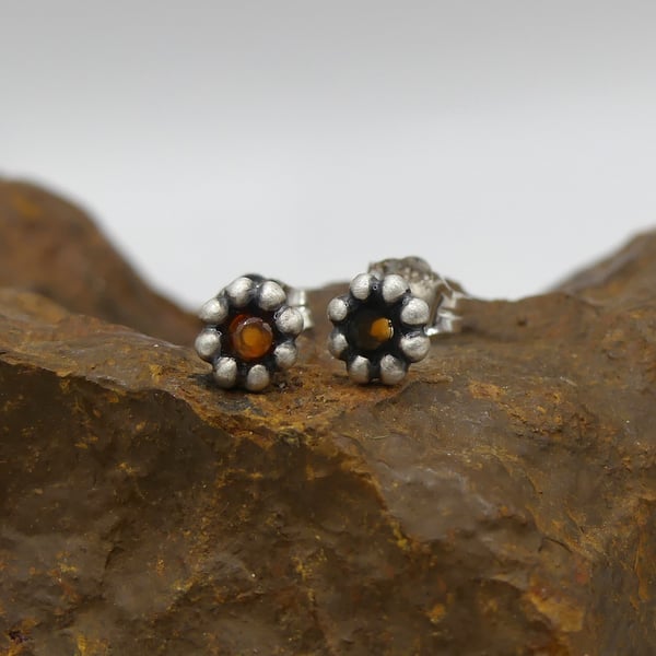 Recycled Sterling Silver Flower Stud Earrings with Carnelian Gemstones.