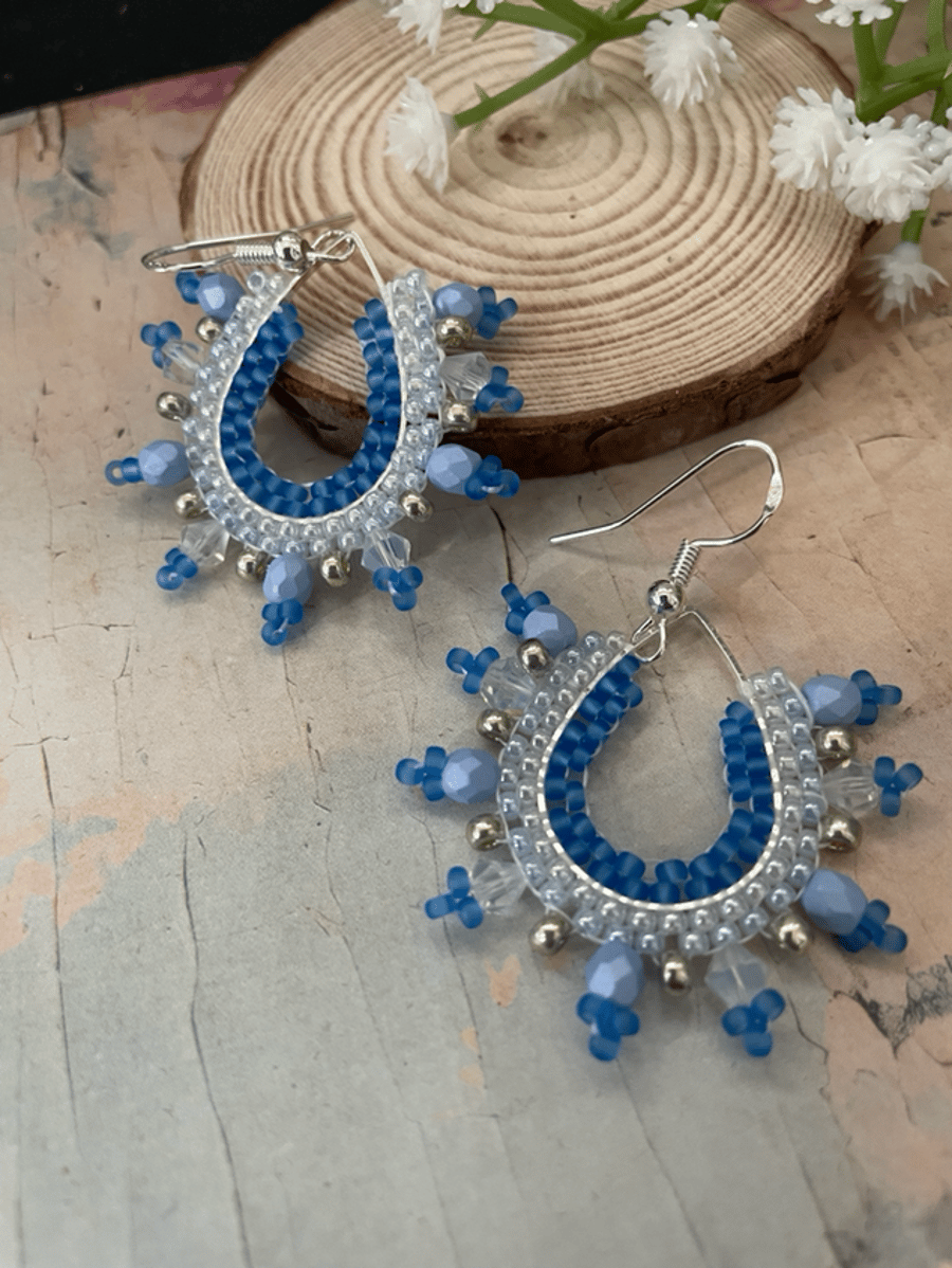 earrings, pretty white and blue glass beaded hoop dangle statement earrings