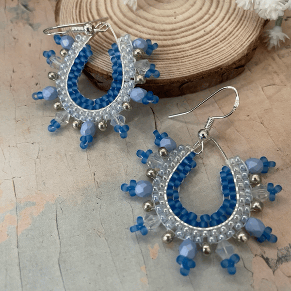 earrings, pretty white and blue glass beaded hoop dangle statement earrings
