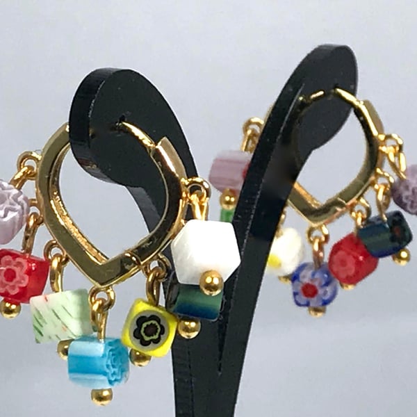 MURANO GLASS EARRINGS huggie gold plated mult coloured 