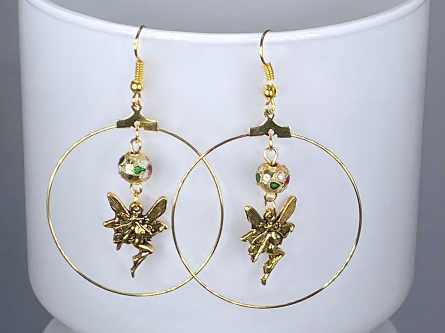 FAIRY HOOP EARRINGS gold plated cloisonne Japanese style Creole hoops antique 