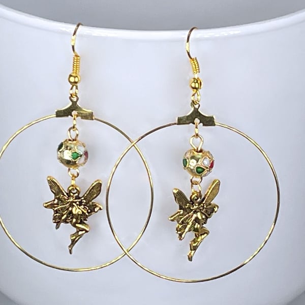 FAIRY HOOP EARRINGS gold plated cloisonne Japanese style Creole hoops antique 