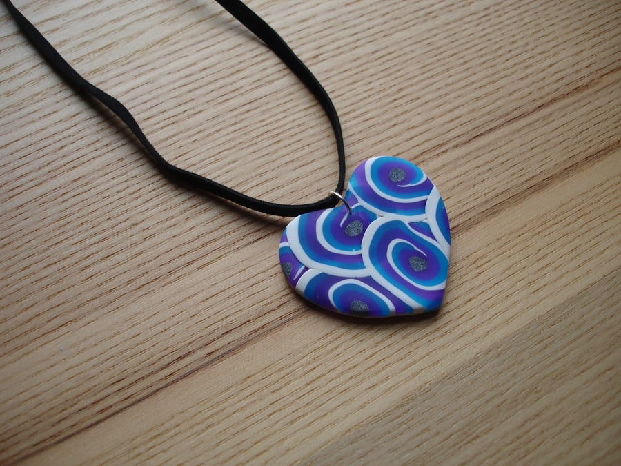 Blue Swirl Heart FIMO Polymer Clay Pendant