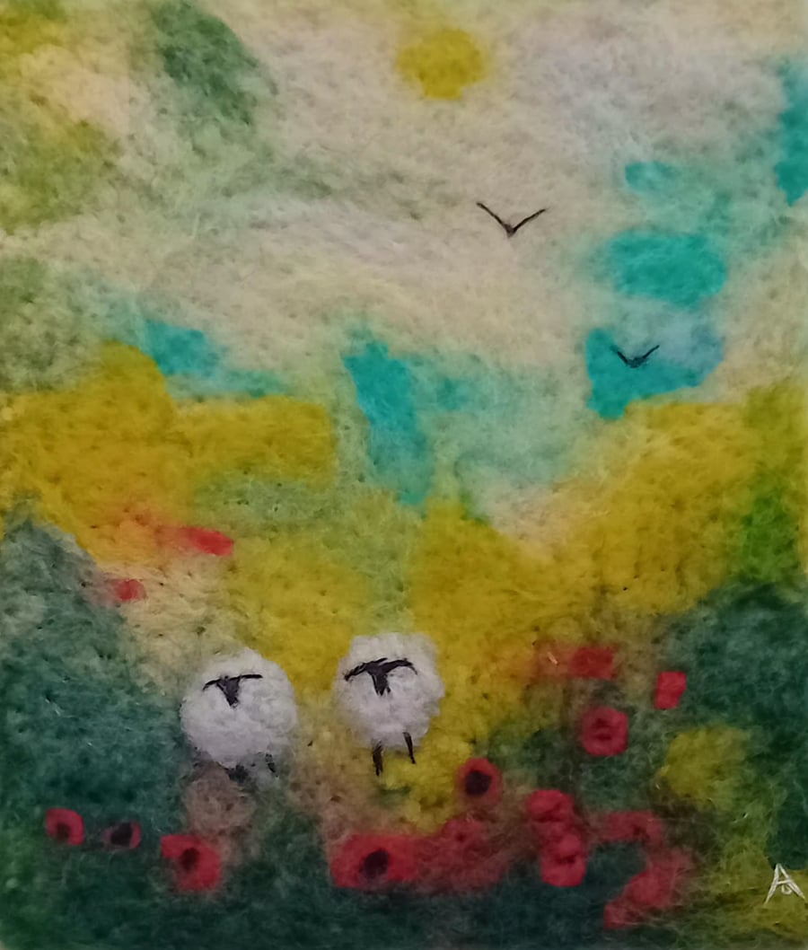 ,SHEEP IN POPPY MEADOW,handmade, original, needle felted wool picture 